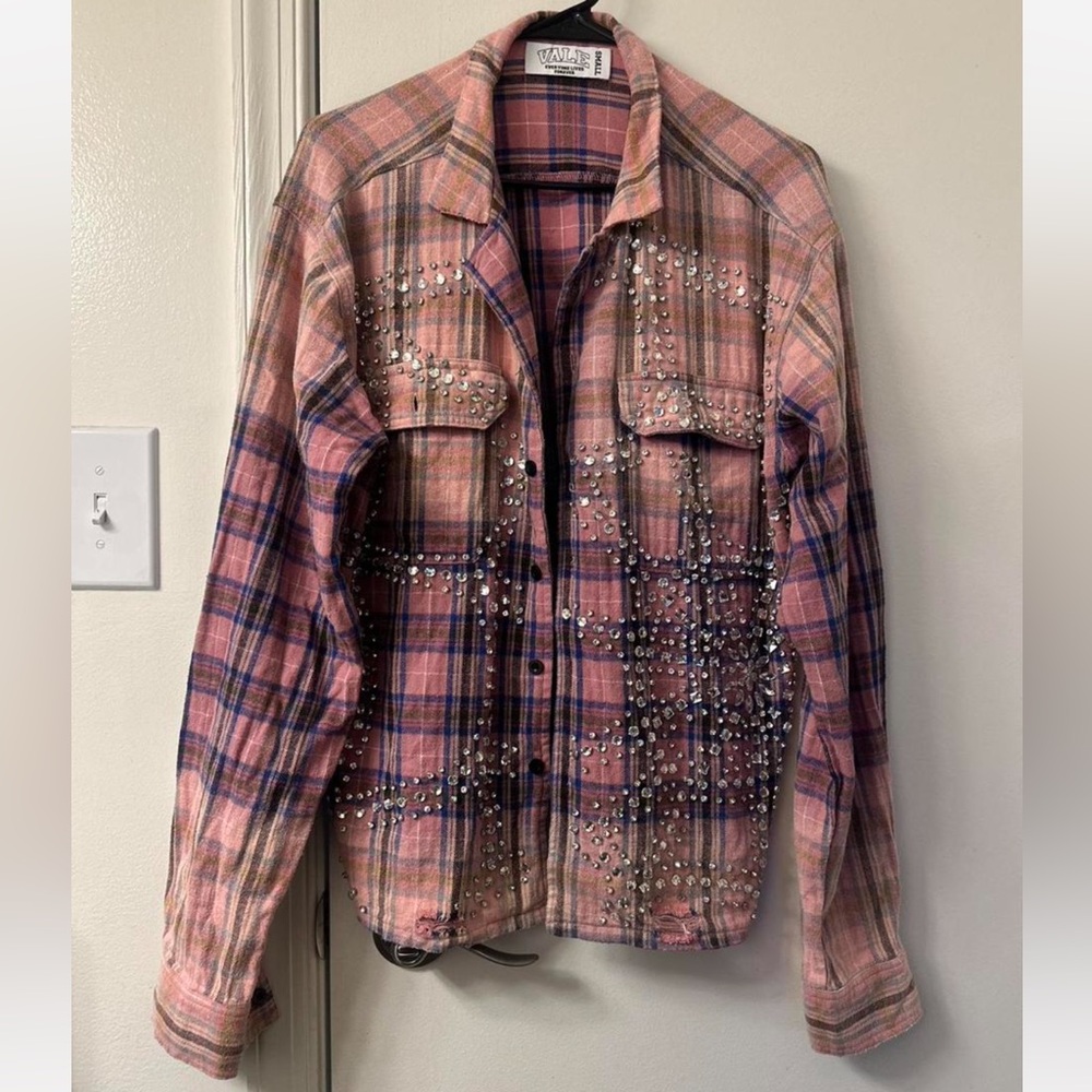 VALE Live Forever Rhinestone Plaid Button
Down Flannel Shirt